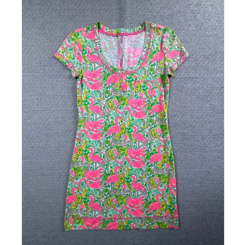 Lilly Pulitzer Britton Henley Dress XXS Hot Wings Flamingo Preppy Pink Green